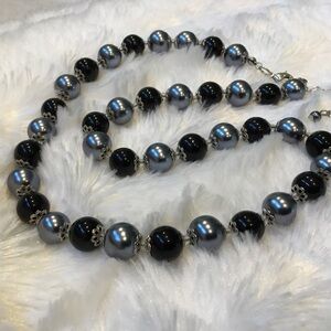 Vintage Silver Pearl, Black Glass Beaded Necklace